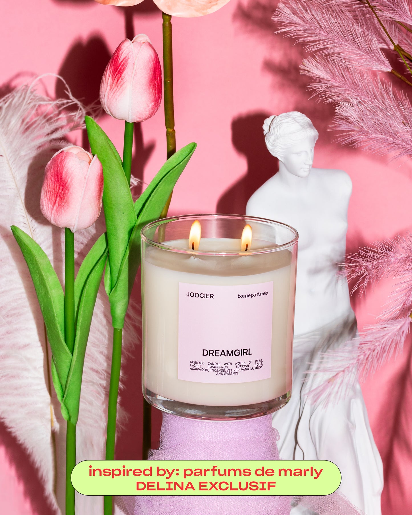 Delina dupe candle. A candle that smells like parfums de marly Delina Exclusive. Pear, lychee, grapefruit, Turkish rose, Starwood, incense, vetiver, vanilla, musk scented candle. A fruity incense candle by Joocier. A gourmand scent that is also warm and complex.