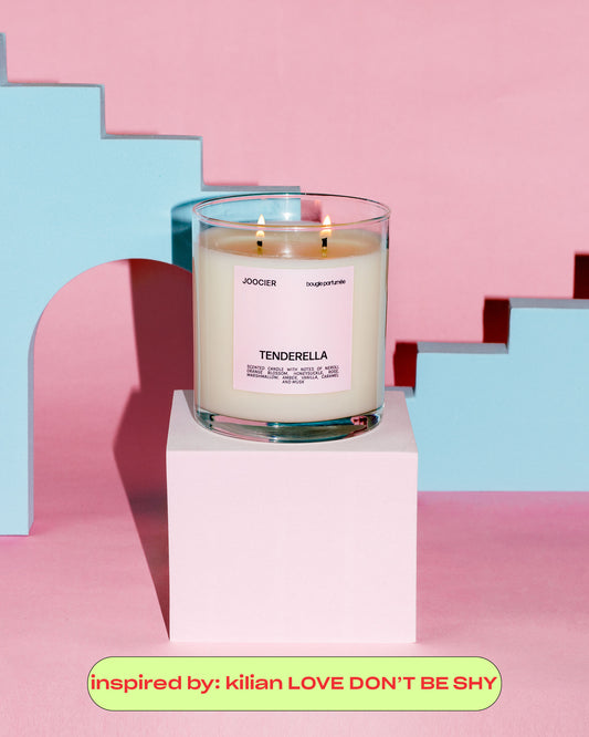 Kilian love don't be shy dupe candle. A candle that smells like marshmallow, vanilla, orange blossom, neroli, and more. A sweet floral candle made with coconut soy wax by Joocier, a woman owned dupe candle brand.